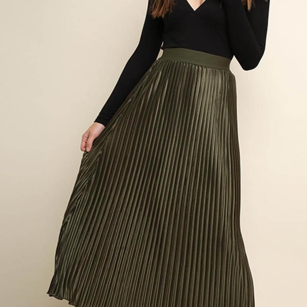 So Sheer Olive Pleated Maxi Skirt